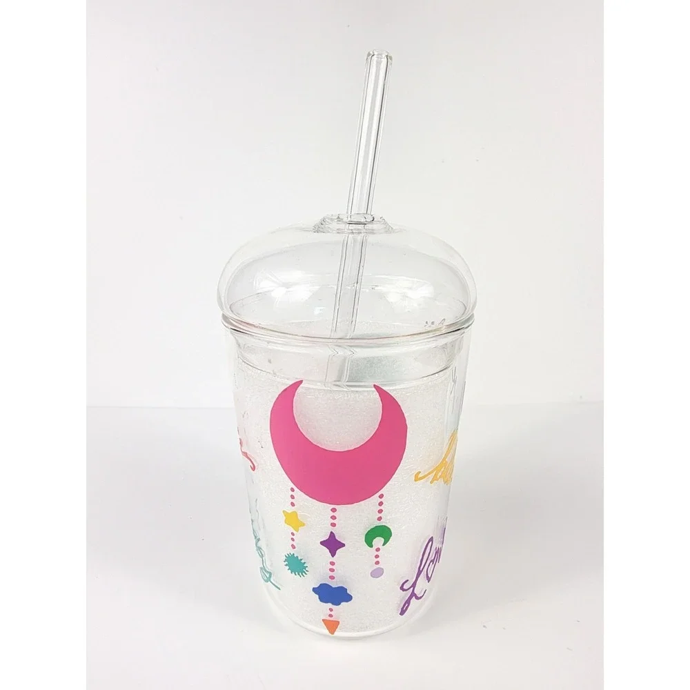16 oz Dome Glass Tumbler w/ Straw Rainbow Love Believe Pink Moon Vinyl Decorated